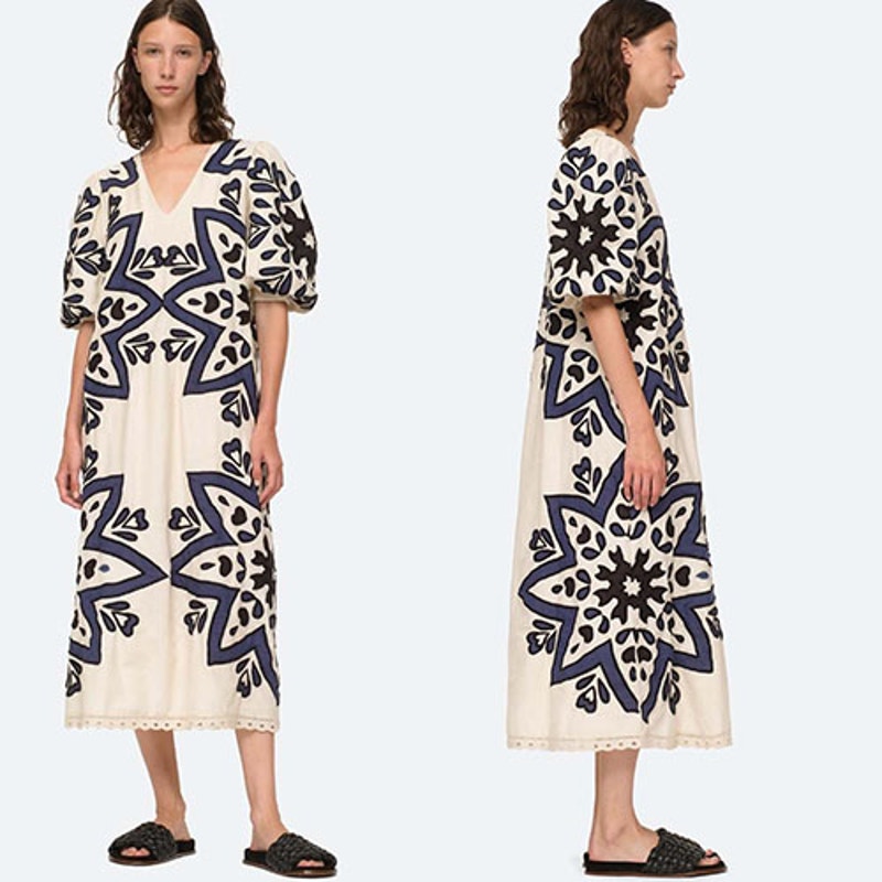 Nwt Sea New York Kaia Kaleidoscope-Appliqu Puff Sleeve Midi Dress White Sz: S